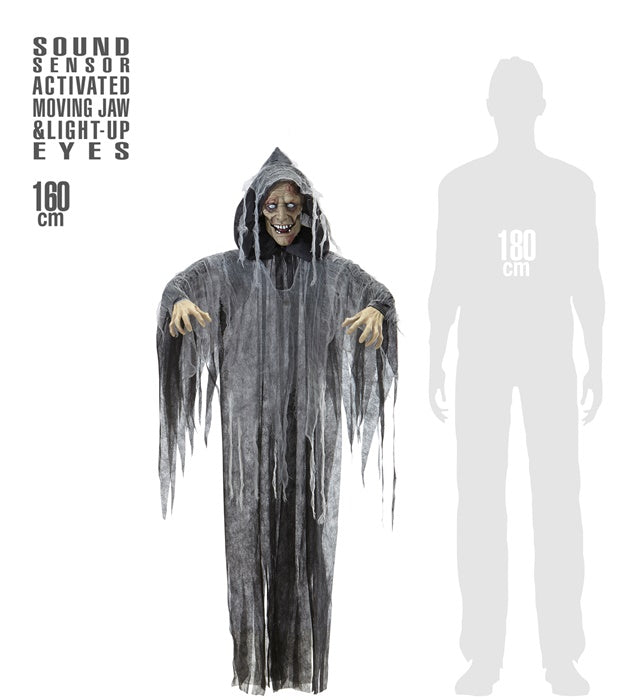 Sprechender Zombie mit leuchtenden Augen und beweglichem Kinn, Halloween-Dekoration 160 cm