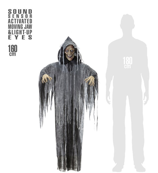 Sprechender Zombie mit leuchtenden Augen und beweglichem Kinn, Halloween-Dekoration 160 cm