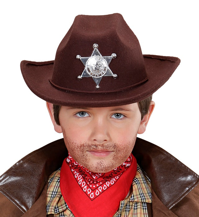 Brauner Cowboyhut aus Filz mit Sheriffstern in Kindergröße