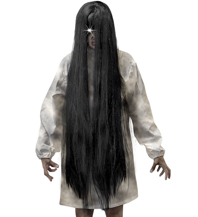 Lange schwarze Perücke Böser Geist 100 cm für Fasnacht und Halloween