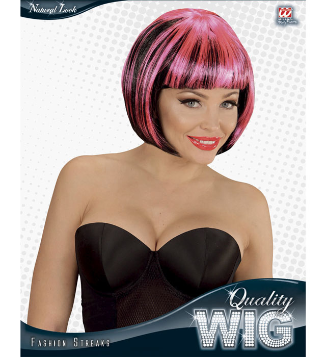 Perücke in Schwarz und Rosa für Fasnacht und Karneval