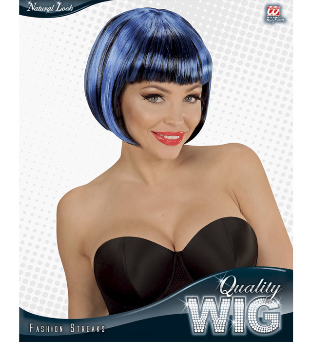 Schwarz-blaue Fashion Streaks Perücke auf weissem Hintergrund