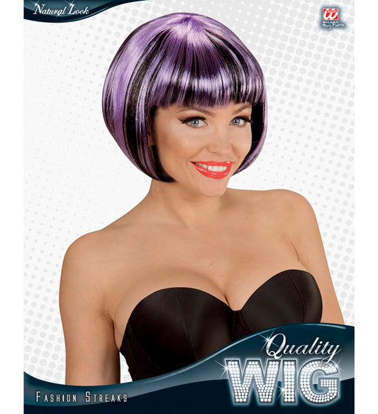 Schwarze Perücke mit lila Strähnen als Fasnachts-Accessoire