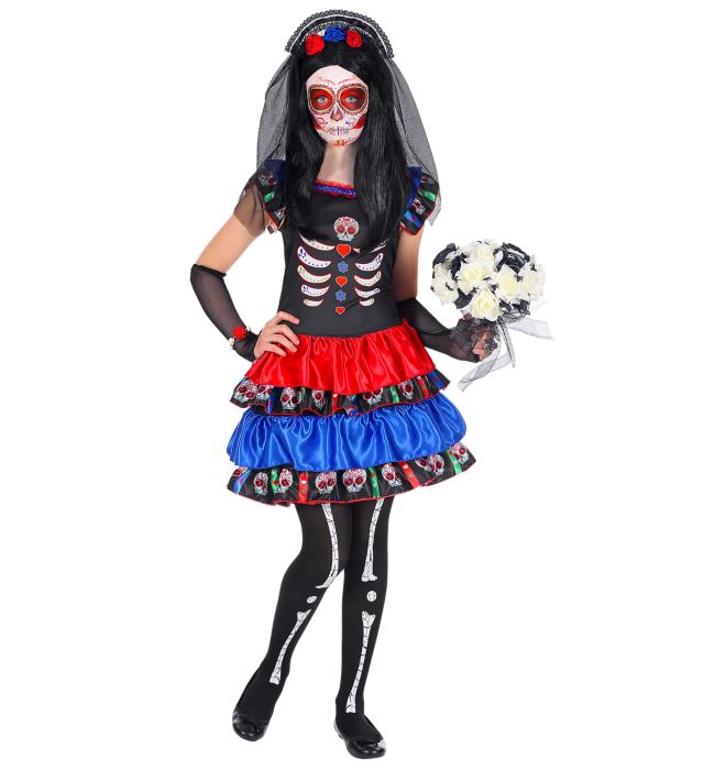 Día de los Muertos Fasnacht-Kostüm mit Kleid, Armstulpen und Haarreif mit Schleier