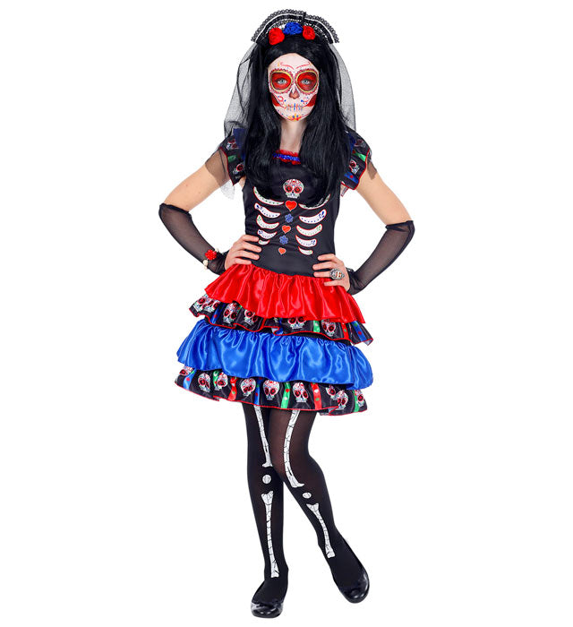 Día de los Muertos Fasnacht-Kostüm mit Kleid, Armstulpen und Haarreif mit Schleier