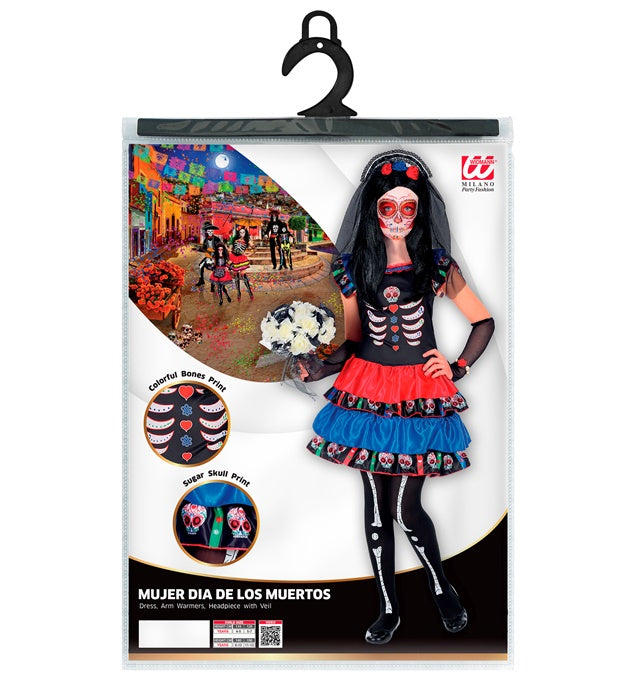 Día de los Muertos Fasnacht-Kostüm mit Kleid, Armstulpen und Haarreif mit Schleier