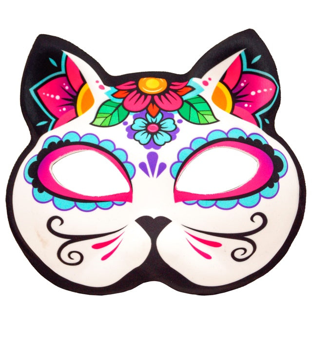 Bunte Día de los Muertos Katzenmaske aus Stoff mit traditionellem Muster