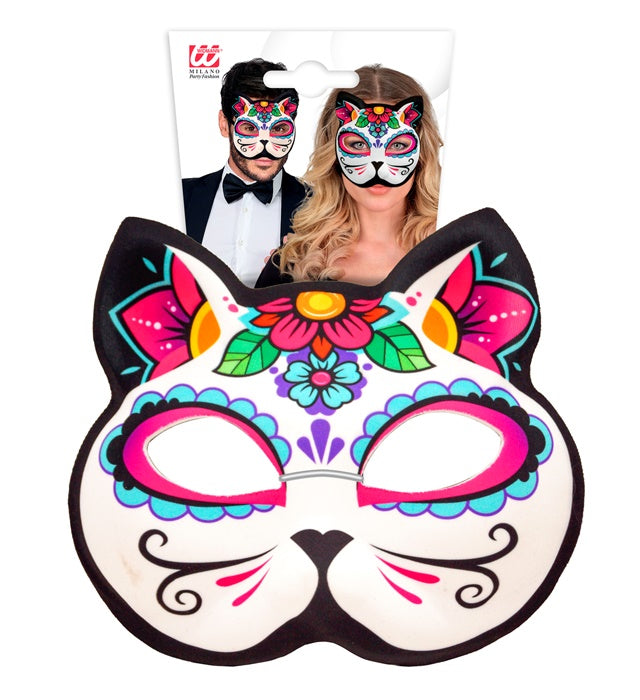Bunte Día de los Muertos Katzenmaske aus Stoff mit traditionellem Muster