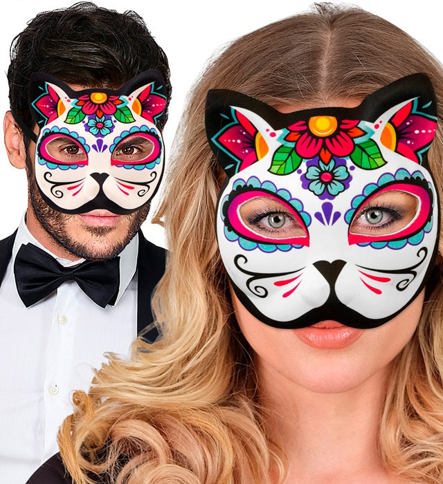 Bunte Día de los Muertos Katzenmaske aus Stoff mit traditionellem Muster