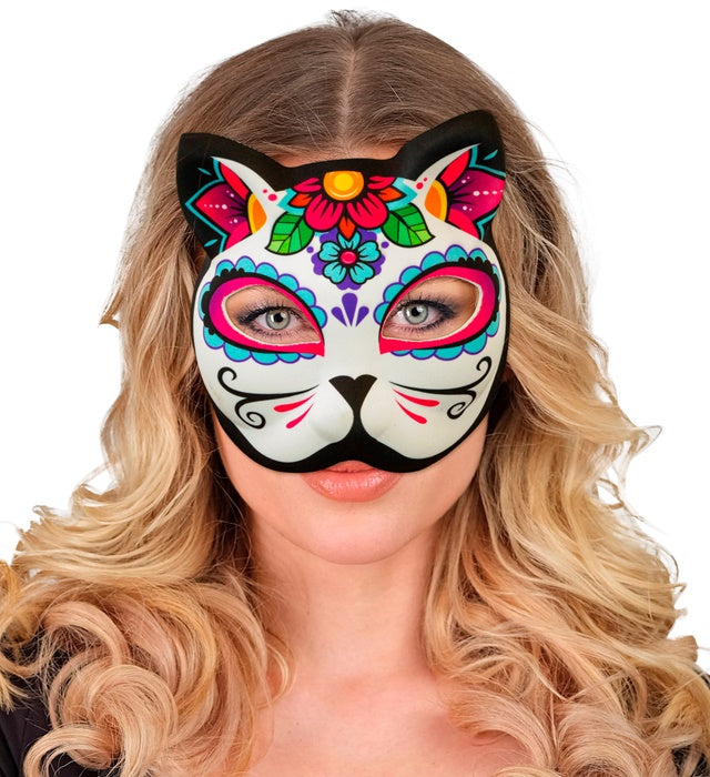 Bunte Día de los Muertos Katzenmaske aus Stoff mit traditionellem Muster