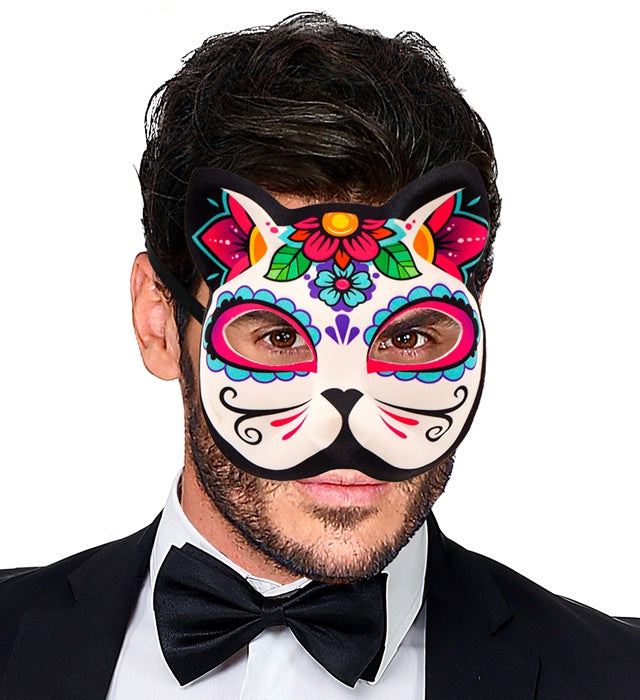 Bunte Día de los Muertos Katzenmaske aus Stoff mit traditionellem Muster