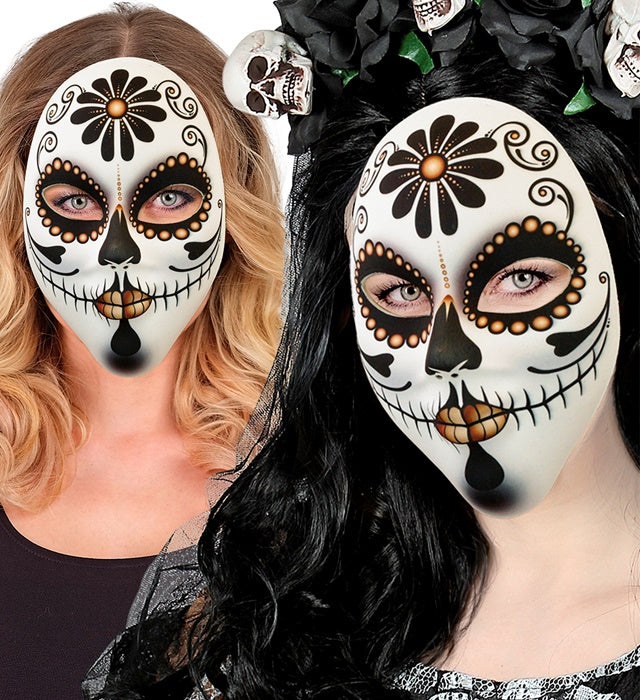 Bunte Señora Stoffmaske im Día de los Muertos Stil für Fasnacht und Karneval