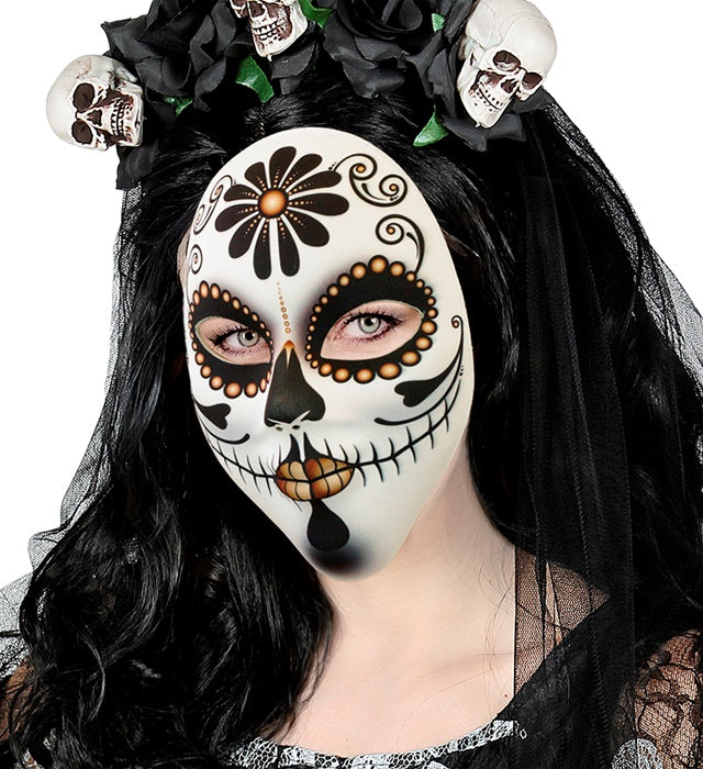 Bunte Señora Stoffmaske im Día de los Muertos Stil für Fasnacht und Karneval