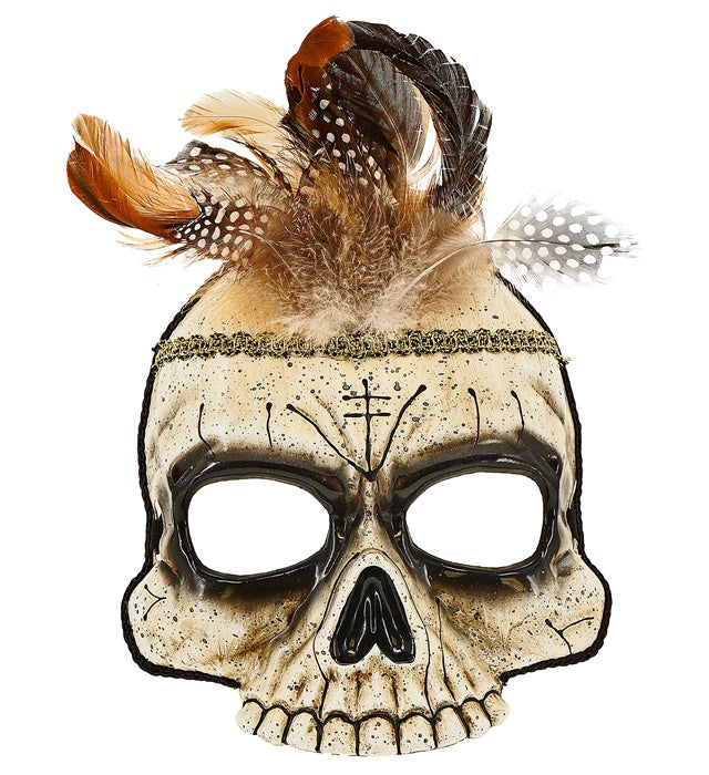 Voodoo Totenkopf Maske ohne Kinn mit schwarzen Federn aus Hartplastik