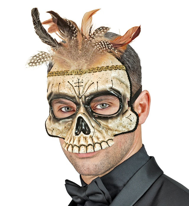 Voodoo Totenkopf Maske ohne Kinn mit schwarzen Federn aus Hartplastik