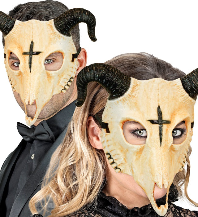 Widderschedel des Satans Maske aus Hartplastik mit Widderhörnern