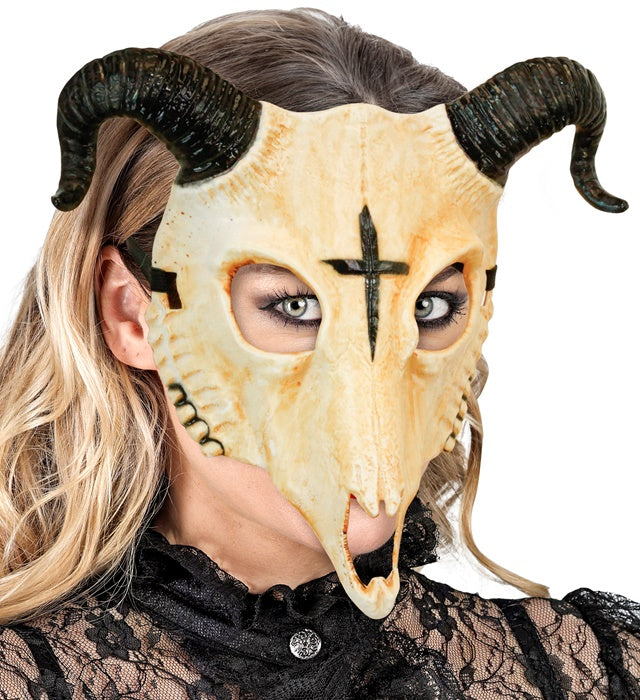 Widderschedel des Satans Maske aus Hartplastik mit Widderhörnern