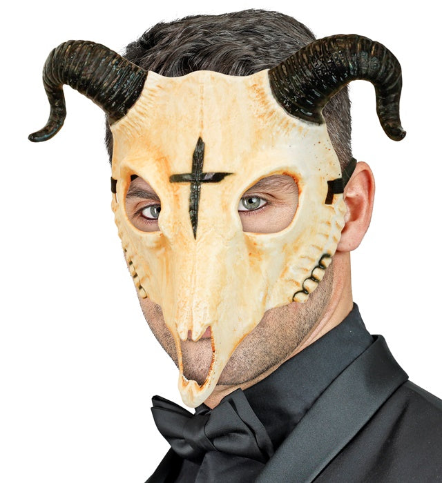 Widderschedel des Satans Maske aus Hartplastik mit Widderhörnern