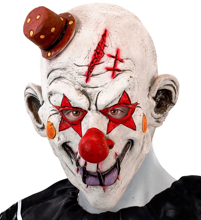 Killerclown Vollkopfmaske mit Minihut in gruseligem Design