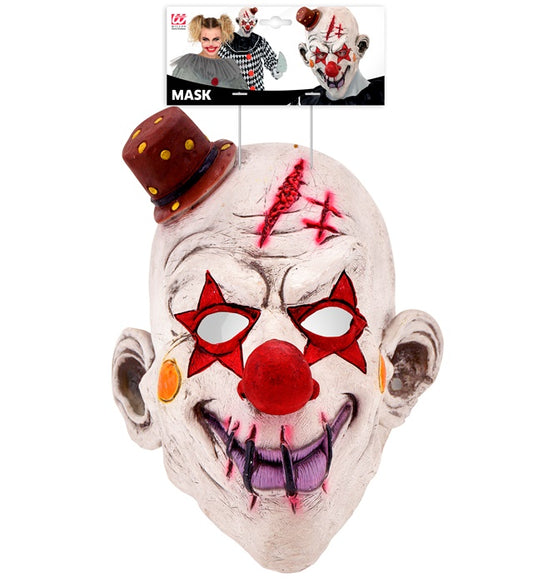 Killerclown Vollkopfmaske mit Minihut in gruseligem Design