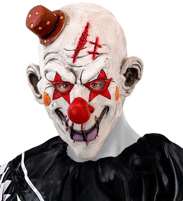 Killerclown Vollkopfmaske mit Minihut in gruseligem Design