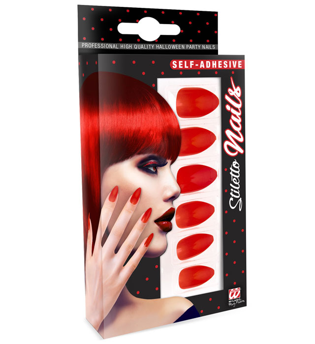 Set mit 12 roten selbstklebenden Stiletto Fingernägeln für Fasnacht und Karneval