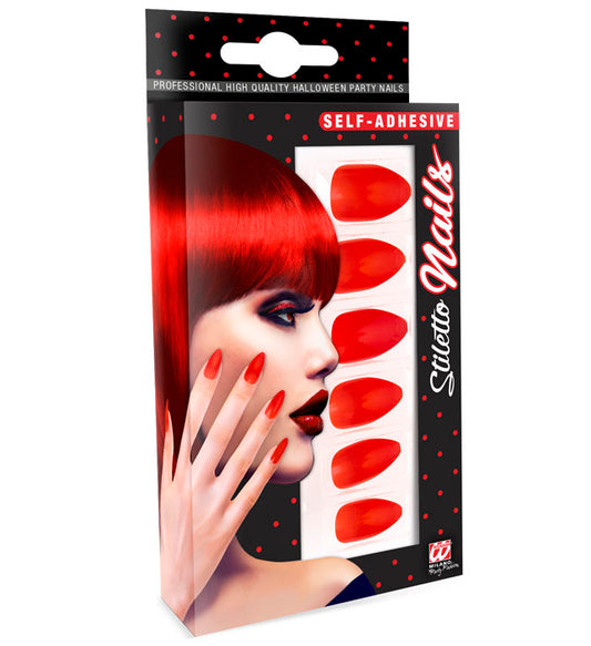 Set mit 12 roten selbstklebenden Stiletto Fingernägeln für Fasnacht und Karneval