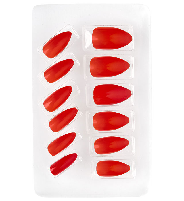 Set mit 12 roten selbstklebenden Stiletto Fingernägeln für Fasnacht und Karneval