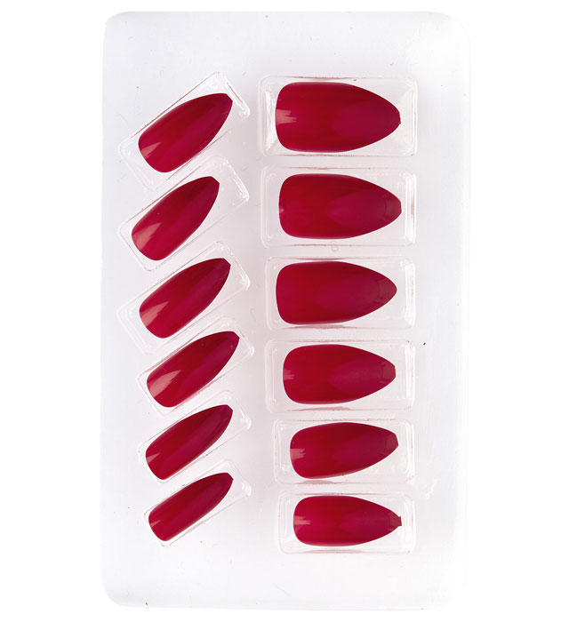 Set selbstklebender Stiletto Fingernägel in Bordeaux Rot auf weissem Hintergrund