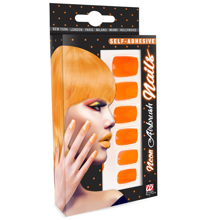Set aus 12 selbstklebenden Neon Airbrush Fingernägeln in Neon Orange