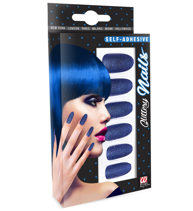 Set aus 12 selbstklebenden blauen Fingernägeln für Fasnacht und Party