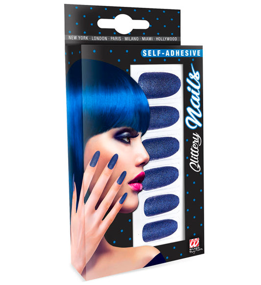 Set aus 12 selbstklebenden blauen Fingernägeln für Fasnacht und Party