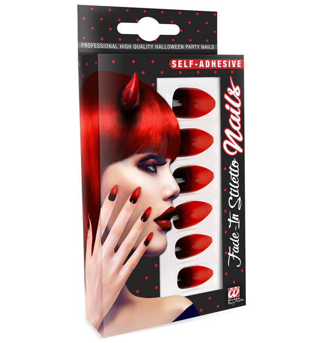 Set aus 12 selbstklebenden Stiletto-Fingernägeln in Schwarz und Rot auf weißem Hintergrund