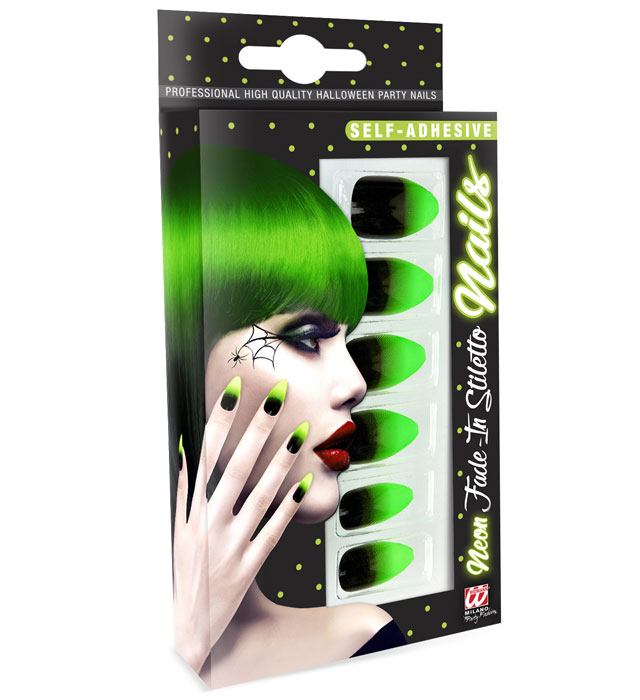 Set aus 12 selbstklebenden Stiletto-Fingernägeln in Schwarz und Neon Grün
