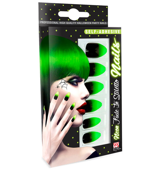 Set aus 12 selbstklebenden Stiletto-Fingernägeln in Schwarz und Neon Grün
