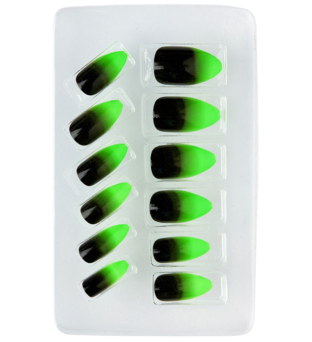 Set aus 12 selbstklebenden Stiletto-Fingernägeln in Schwarz und Neon Grün