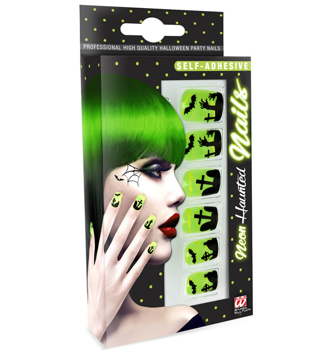 Set aus 12 selbstklebenden neonfarbenen Fingernägeln mit Spooky-Motiv