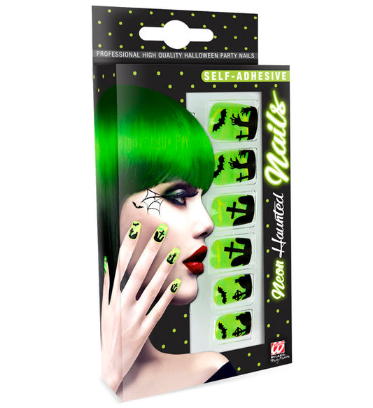 Set aus 12 selbstklebenden neonfarbenen Fingernägeln mit Spooky-Motiv