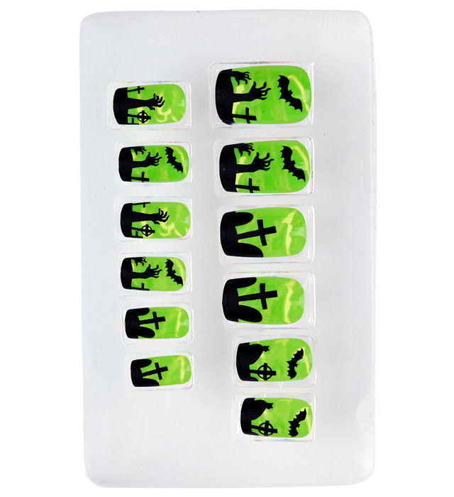 Set aus 12 selbstklebenden neonfarbenen Fingernägeln mit Spooky-Motiv