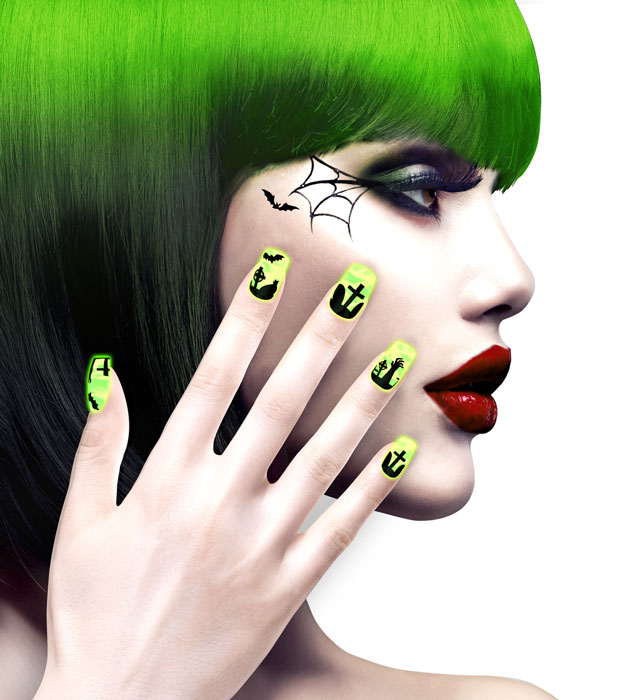 Set aus 12 selbstklebenden neonfarbenen Fingernägeln mit Spooky-Motiv