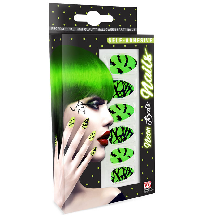 12 selbstklebende Neon-Fingernägel mit Fledermaus-Motiv