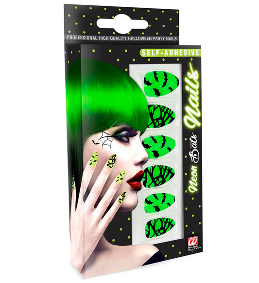 12 selbstklebende Neon-Fingernägel mit Fledermaus-Motiv