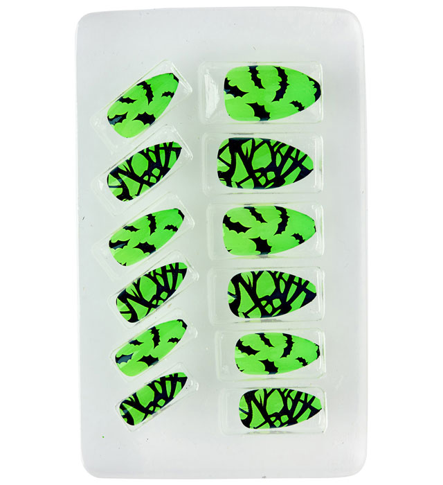 12 selbstklebende Neon-Fingernägel mit Fledermaus-Motiv