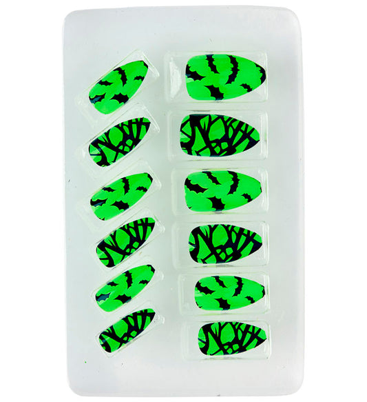 12 selbstklebende Neon-Fingernägel mit Fledermaus-Motiv