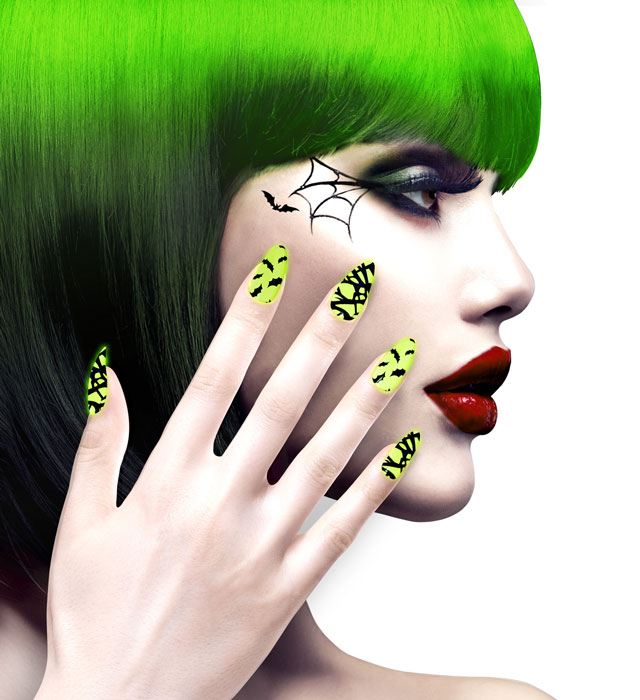 12 selbstklebende Neon-Fingernägel mit Fledermaus-Motiv