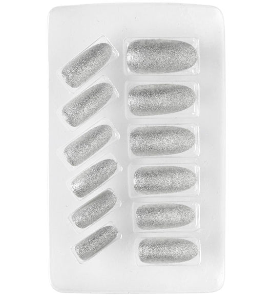 Set aus 12 selbstklebenden Fingernägeln in Silber für Fasnacht