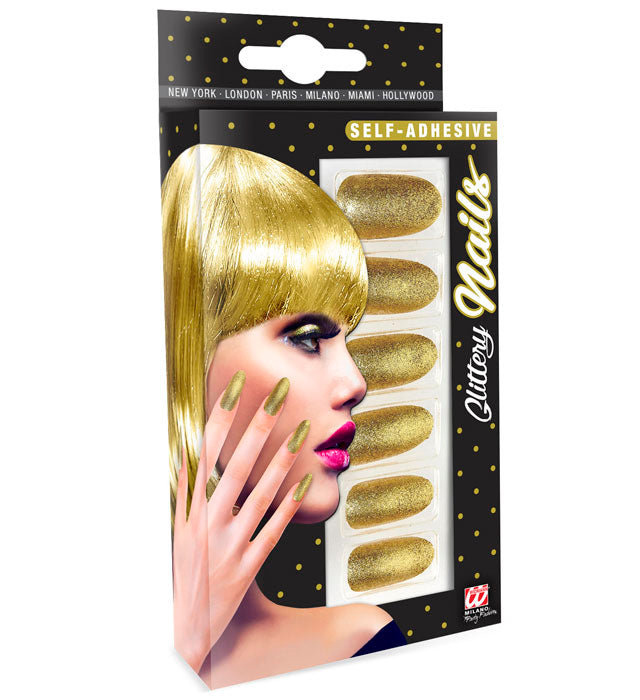 Set von 12 goldenen selbstklebenden Fingernägeln auf weißem Hintergrund