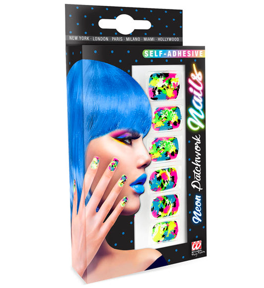 Set von 12 SELBSTKLEBENDEN FINGERNÄGELN - NEON PATCHWORK Diverse Farben