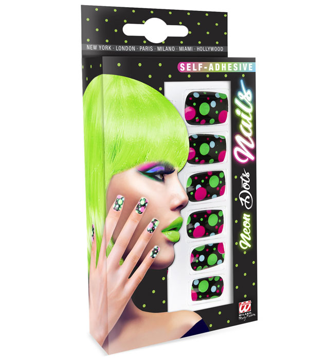 Set aus 12 selbstklebenden Fingernägeln mit leuchtenden Neon-Punkten