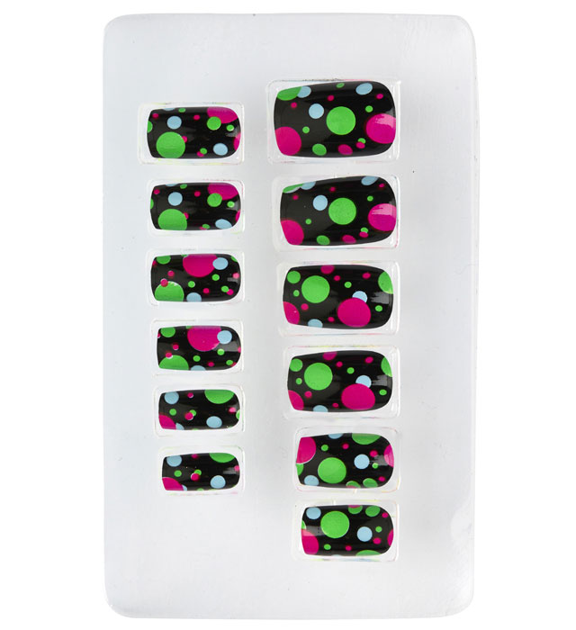 Set aus 12 selbstklebenden Fingernägeln mit leuchtenden Neon-Punkten